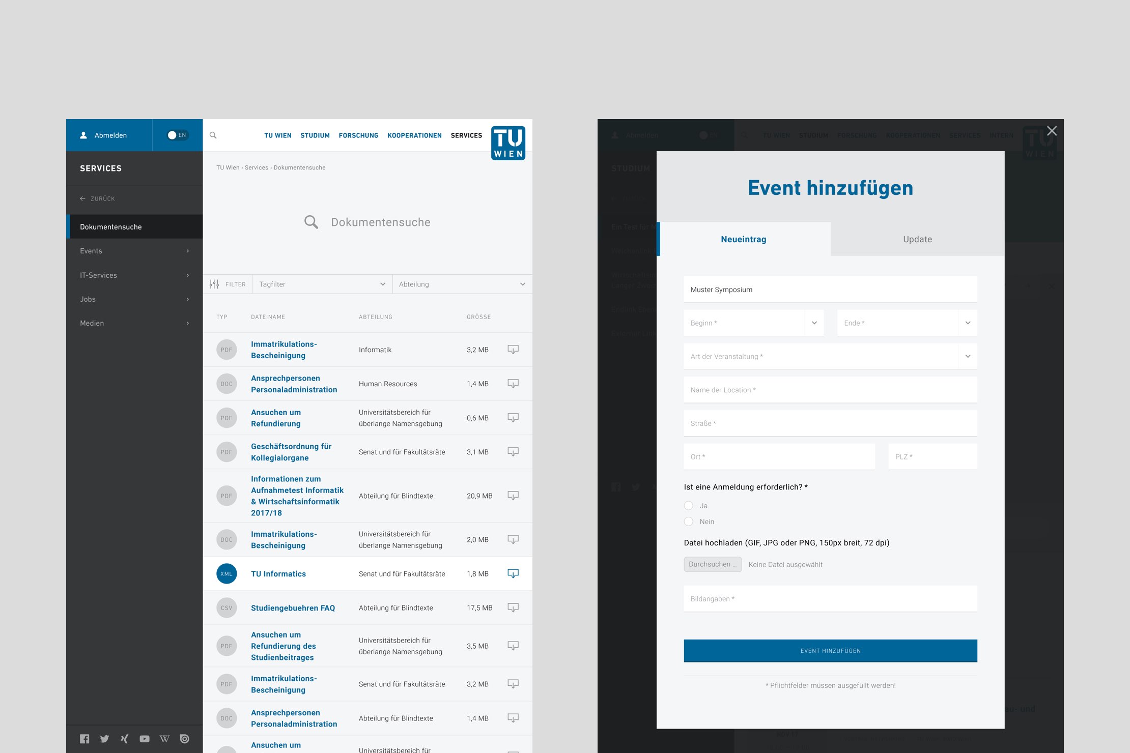 Screenshots der TU Wien Website tabellarische Ansicht eines Dokumentenarchivs und Eingabemaske für die Erstellung eines neue Events