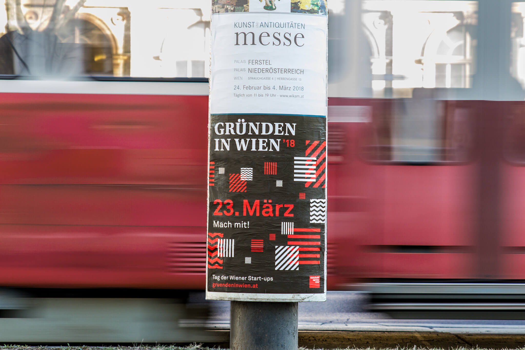 Gründen in Wien Poster mit schwarz-rot-weißem Key Visual