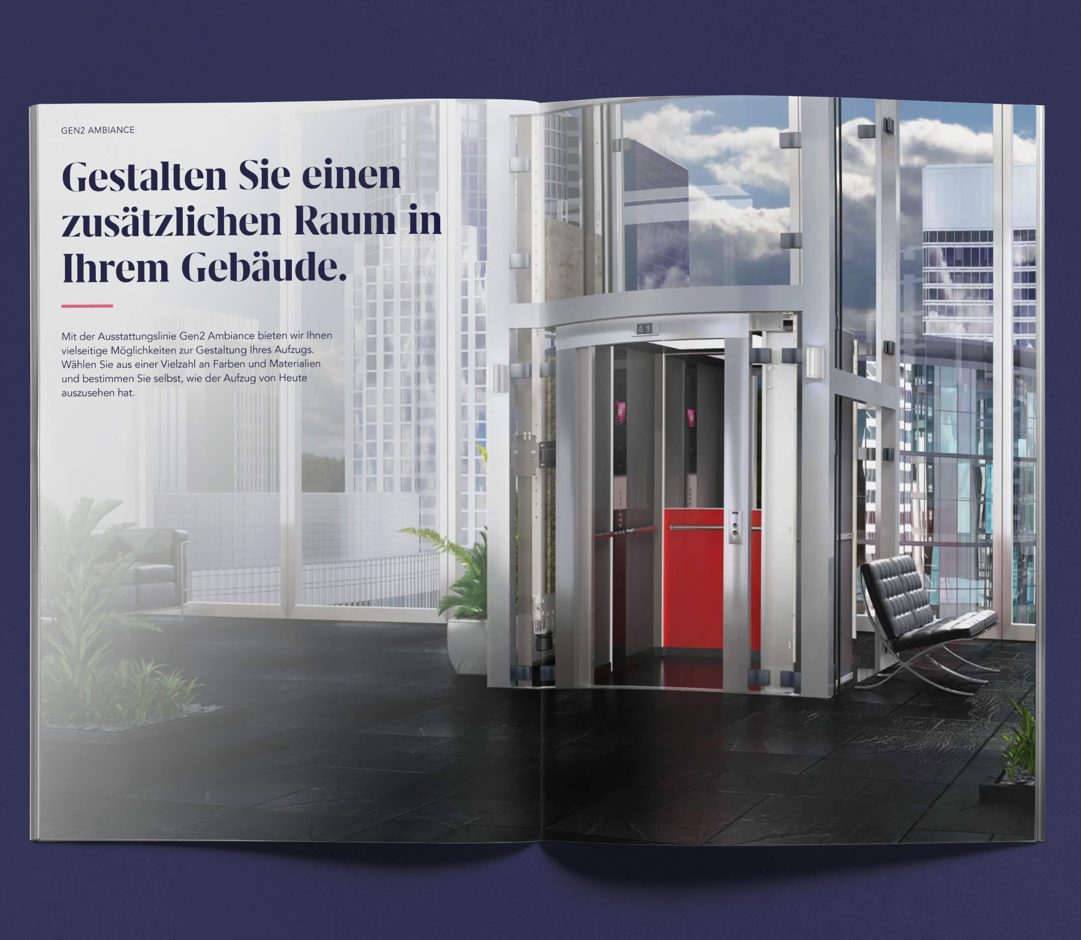 Otis Editorial Design Doppelseite mit vollflächigem Bild eines modernes Aufzugs
