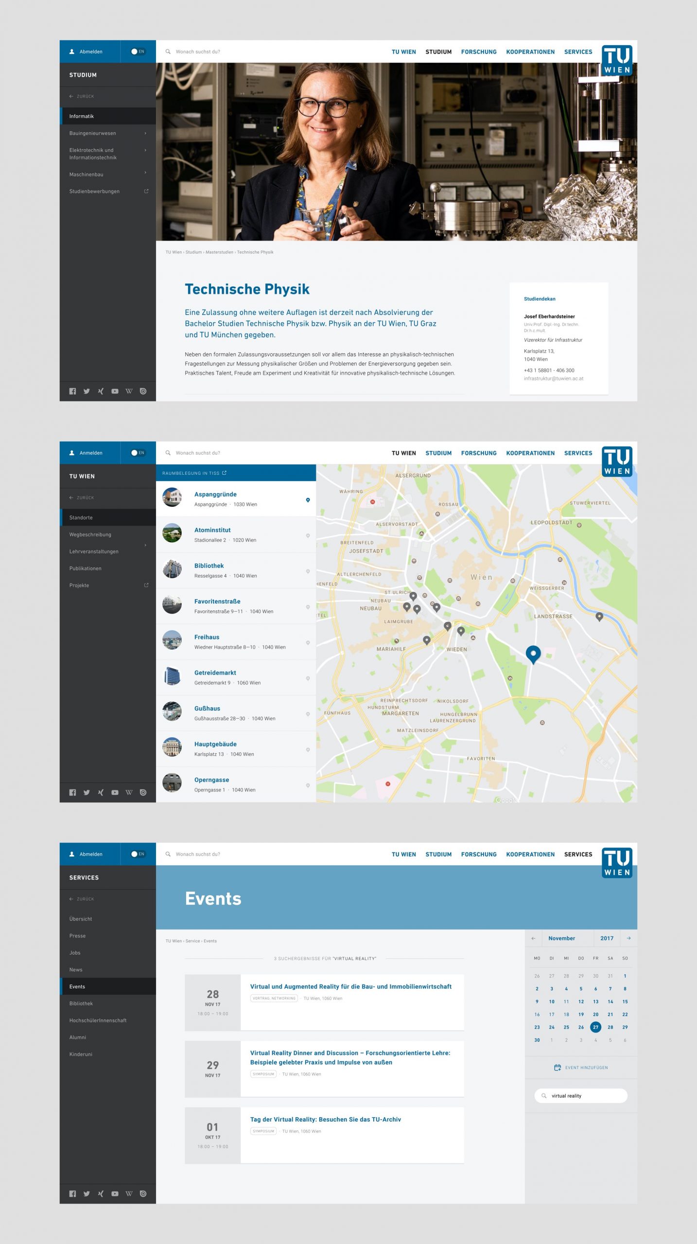 Drei Screenshots der TU Wien Website Informationsseite Technische Physik, Lageplan der TU Wien Gebäude und Event-Übersichtsseite