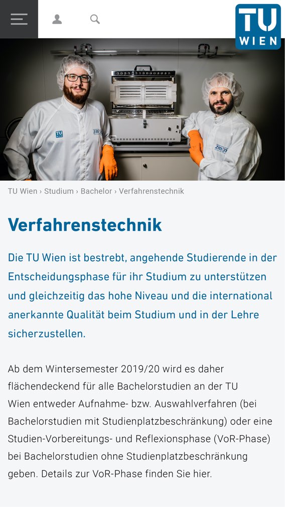 Screenshot der TU Wien Website Verfahrenstechnik Infoseite auf mobilem Gerät