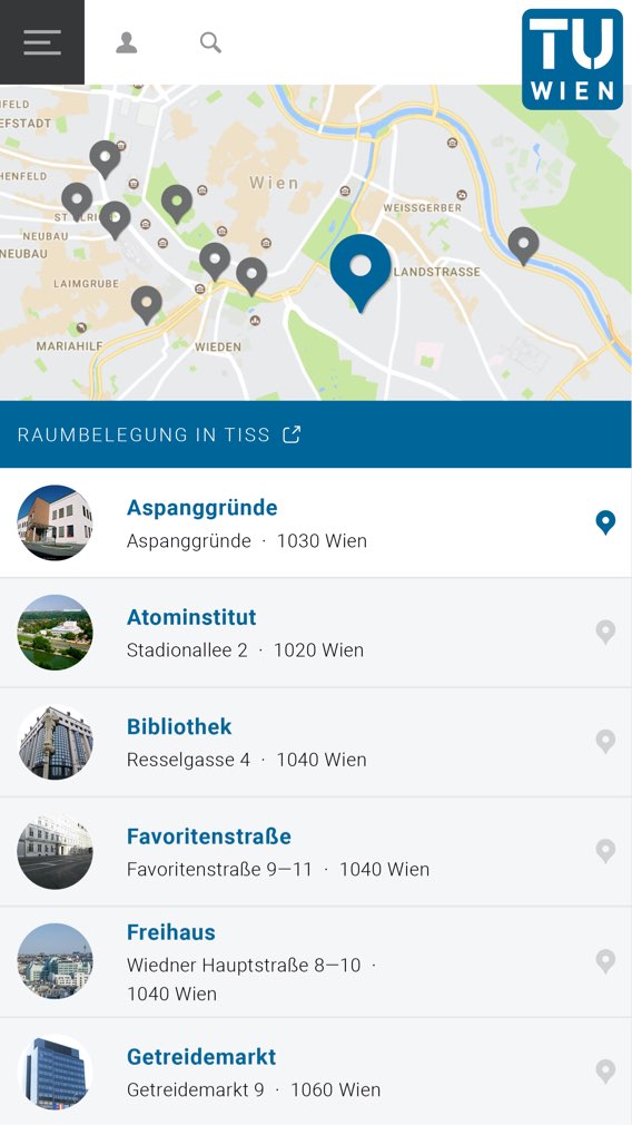 Screenshot der TU Wien Website Gebäudeübersicht mit Lageplan für mobile Geräte