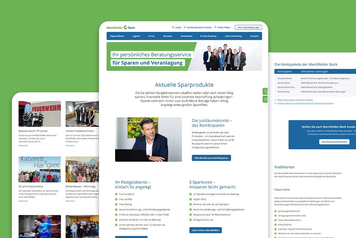 Darstellung von Desktop-Screenshots der Marchfelder Bank Website