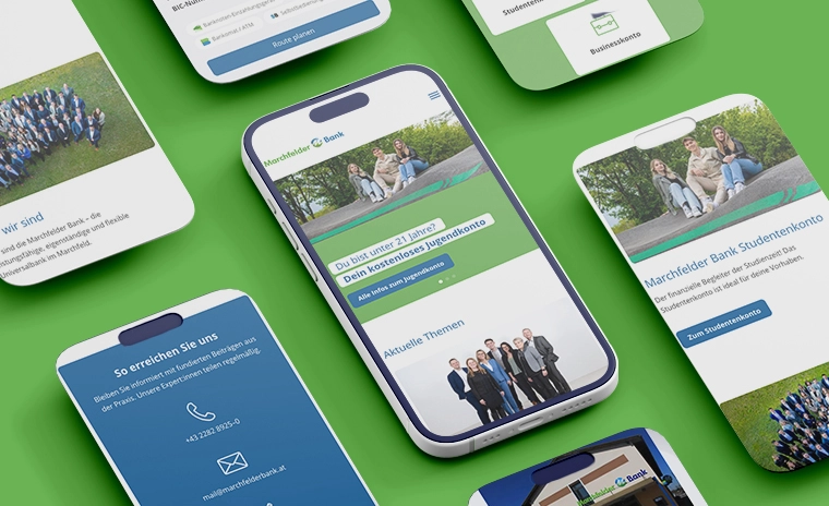 Darstellung von mobilen Screenshots der Marchfelder Bank Website
