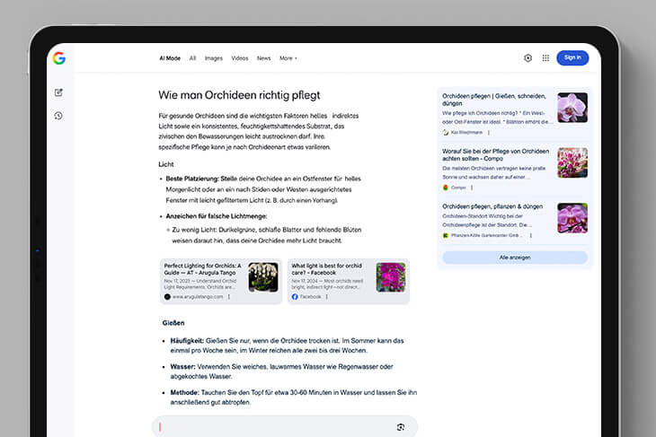 Screenshot:  Google-Suche – AI Mode auf Tablet mit generierter KI-Antwort