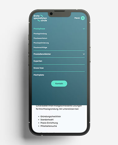 Smartphone mit Ausschnitt der Website des Ärzte Spezialisten Circle