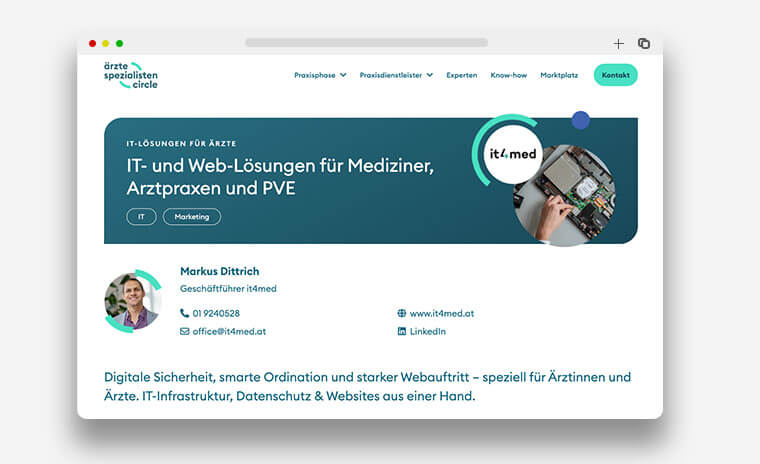 Websitedarstellung mit Ausschnitt der Website des Ärzte Spezialisten Circle