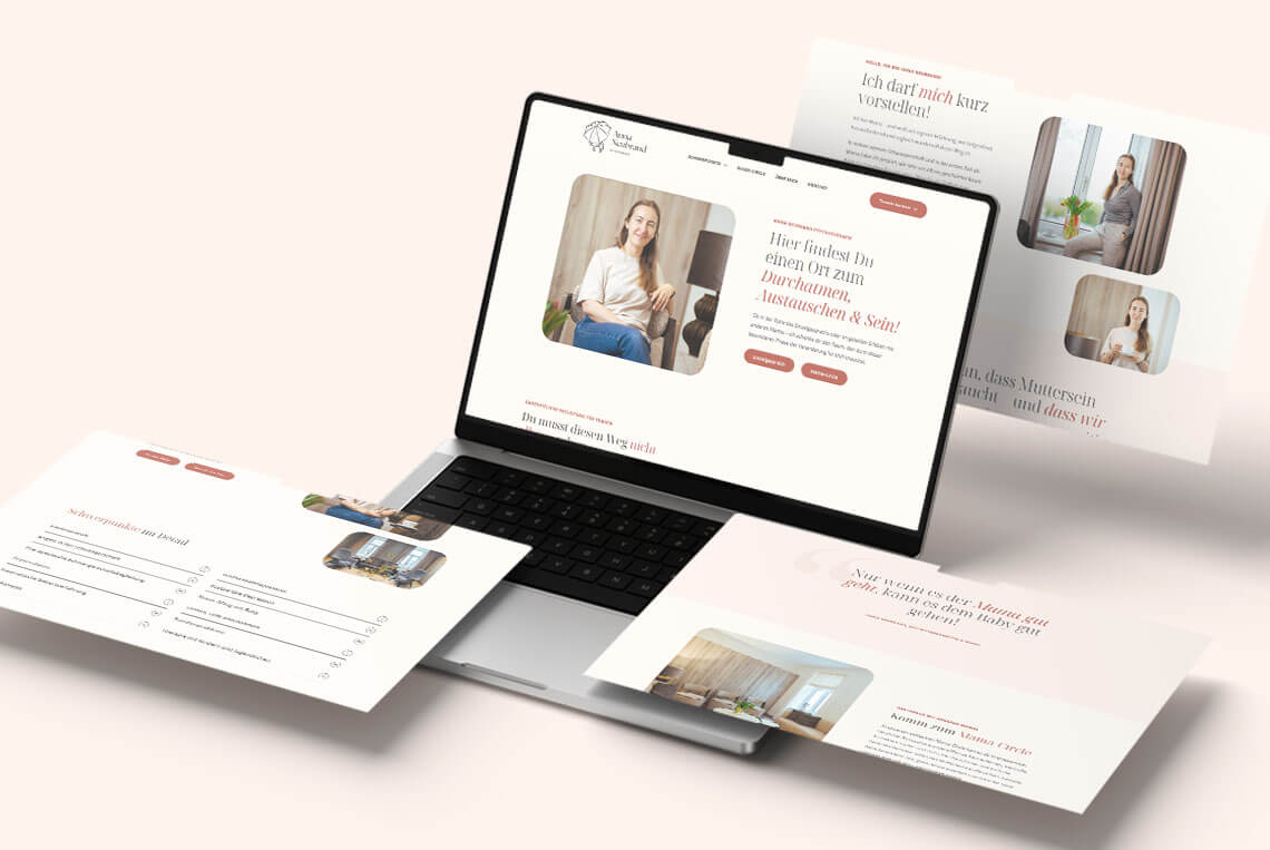 Mockup von einem Laptop mit unterschiedlichen Screenshots der Website von Anna Neubrand