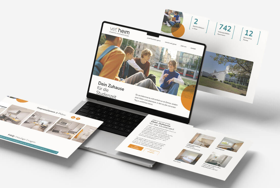 Mockup eines Laptops mit unterschiedlichen Screenshots der Website von VetHeim