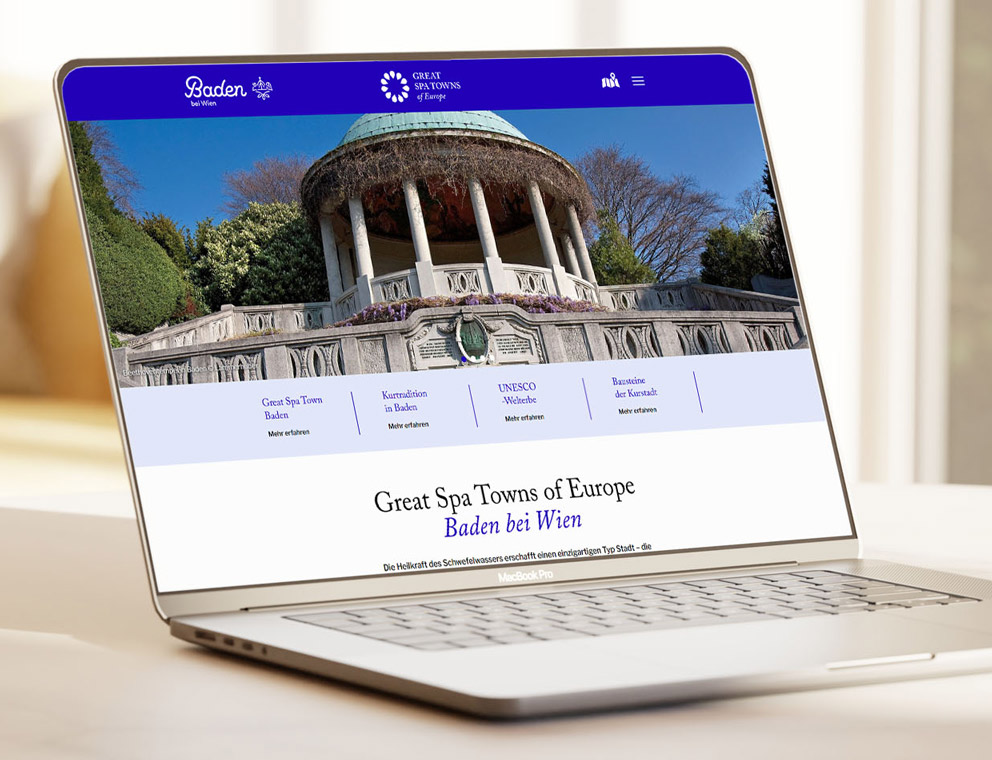 Mock-Up eines Laptops mit der Startseite der Baden bei Wien Website