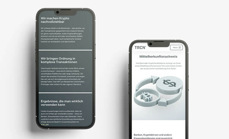 Mockup von Smartphones mit Ausschnitten der Trcn-Website