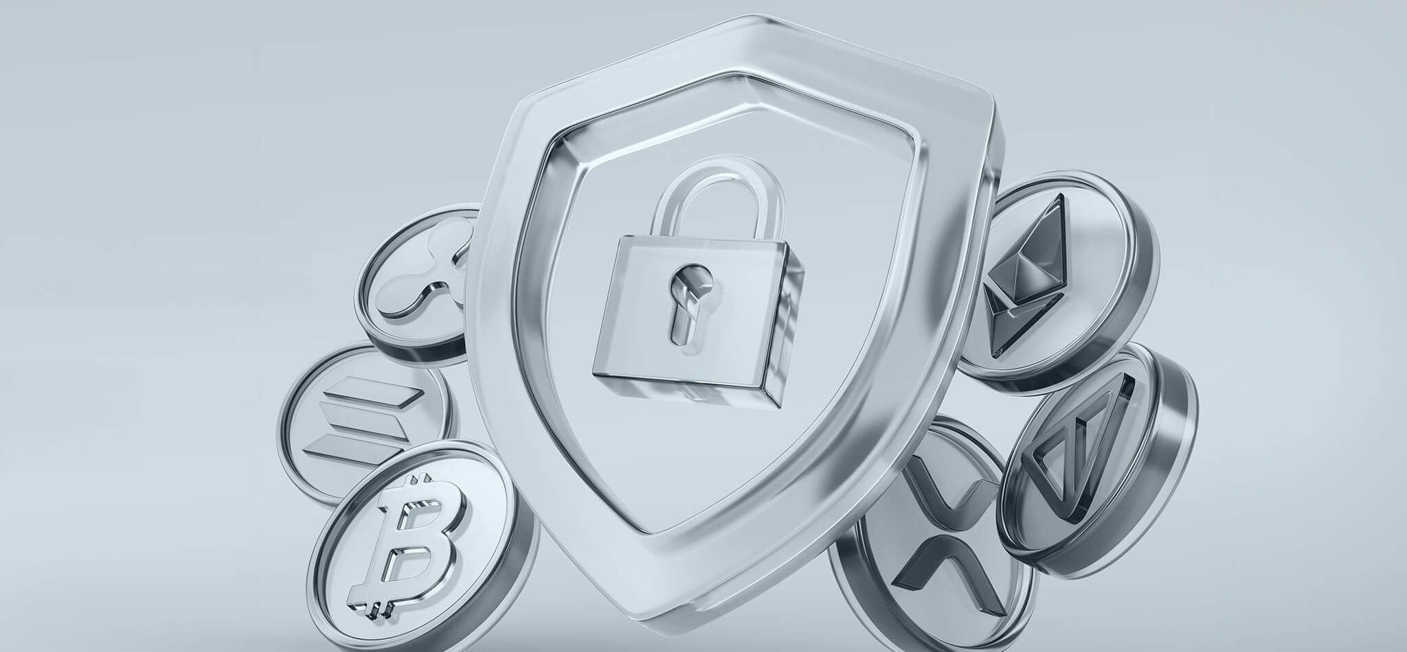 Holografischer Glasschild mit Schloss und Kryptowährungs-Coins als 3D-Illustration